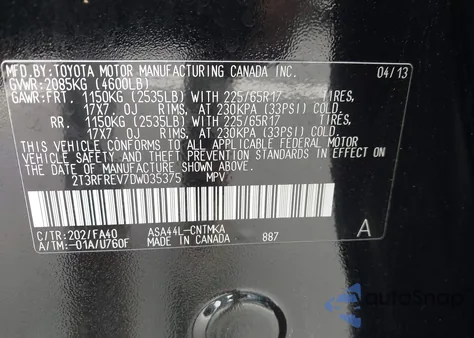 2013 Toyota Rav4 Xle from USA, damaged, VIN 2T3RFREV7DW035375